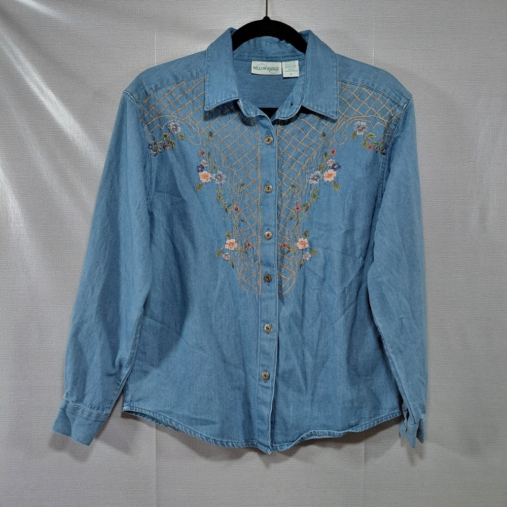 Vtg Willow Ridge Embroidered Floral Lattice Yoke Button Up Denim Shirt Women's S
